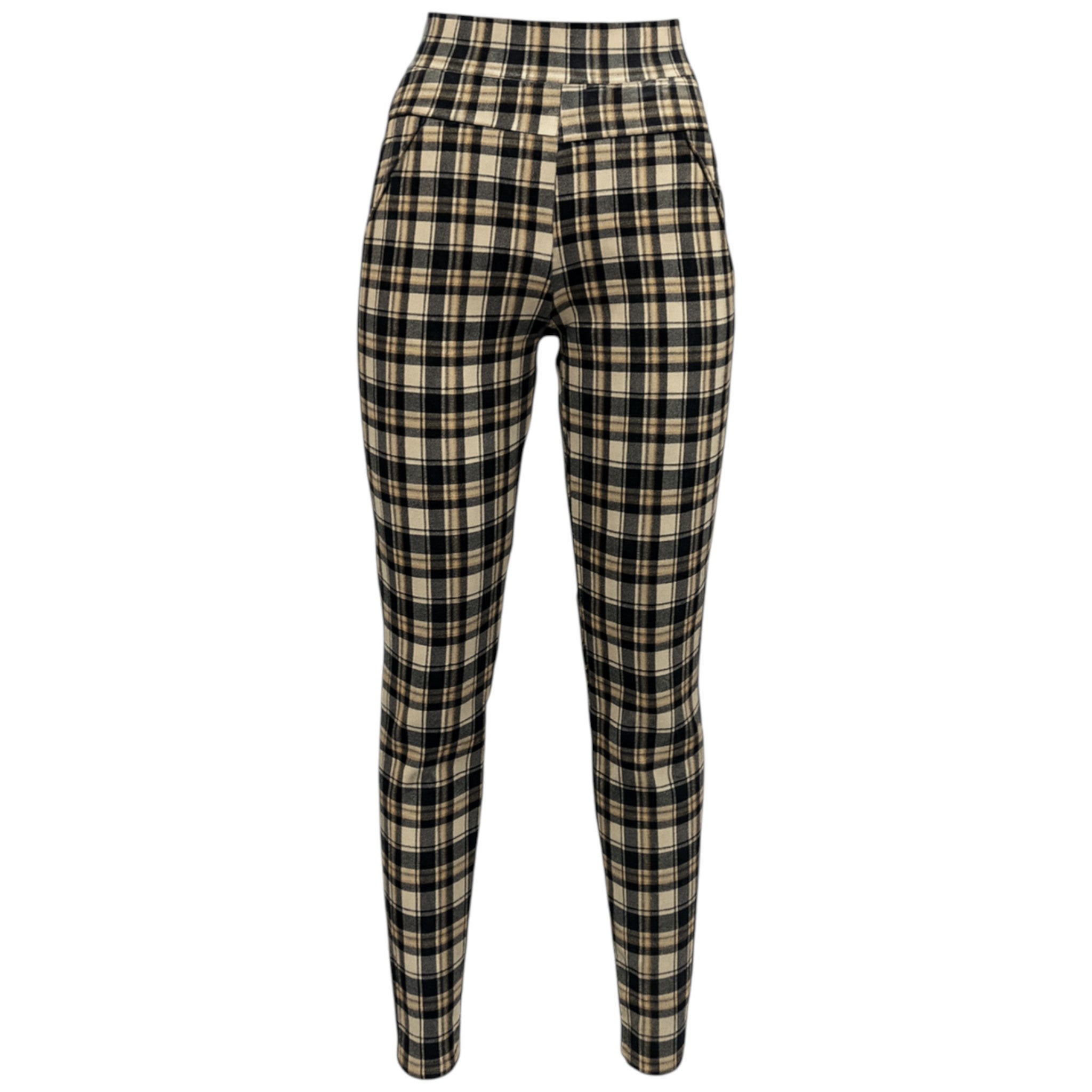 Black and white check slim stretch treggings for women – high-waisted pull-on trousers